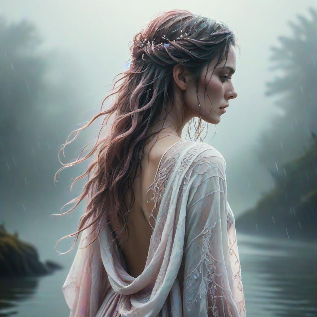 Ethereal Woman in Soft, Swirling Pink and White