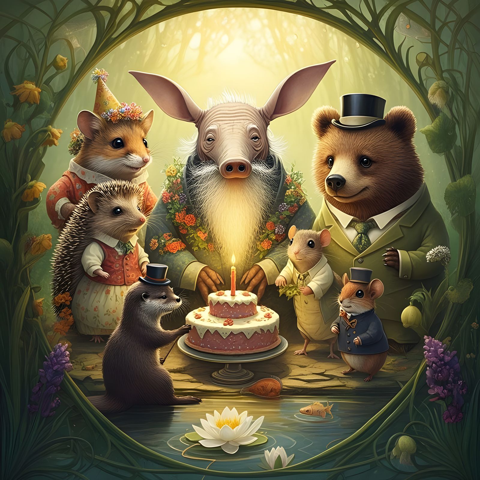 Whimsical Birthday Party on a Riverbank in the Style of Arth...