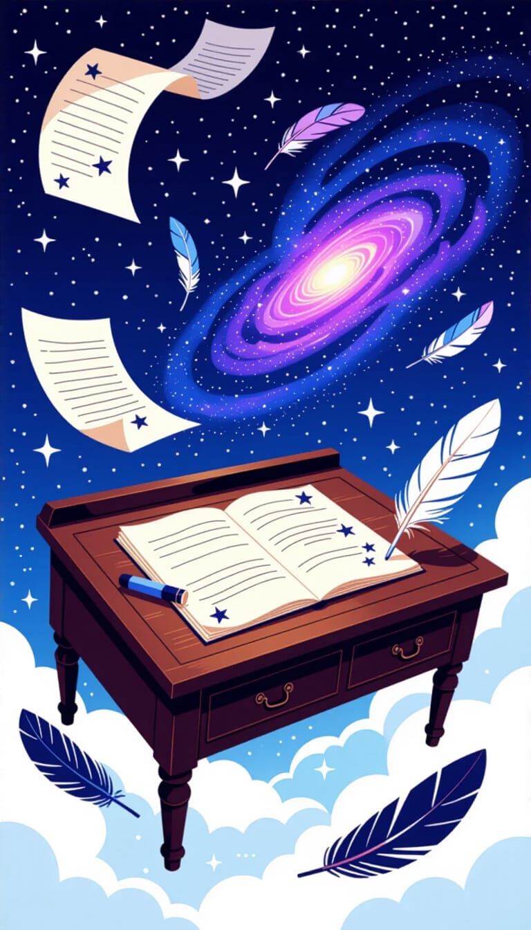 Cosmic Desk with Star Maps in Elegant Fantasy Style