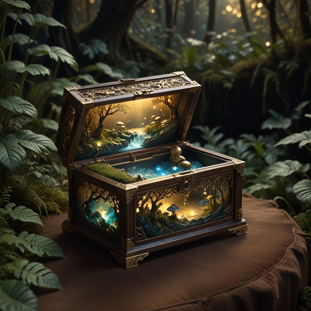 Antique Music Box With Spectral Waterfall Landscape