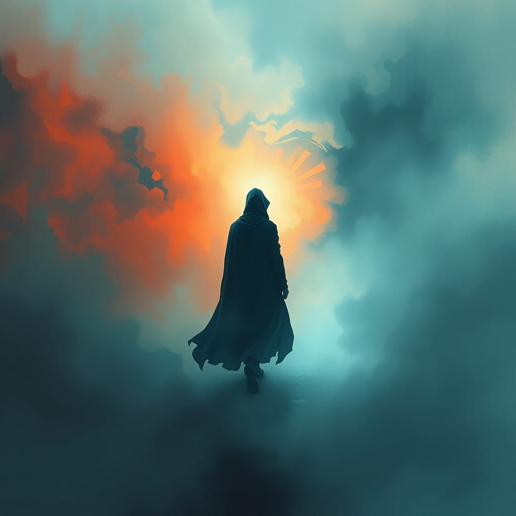 Mystical Figure Enters Swirling Mist