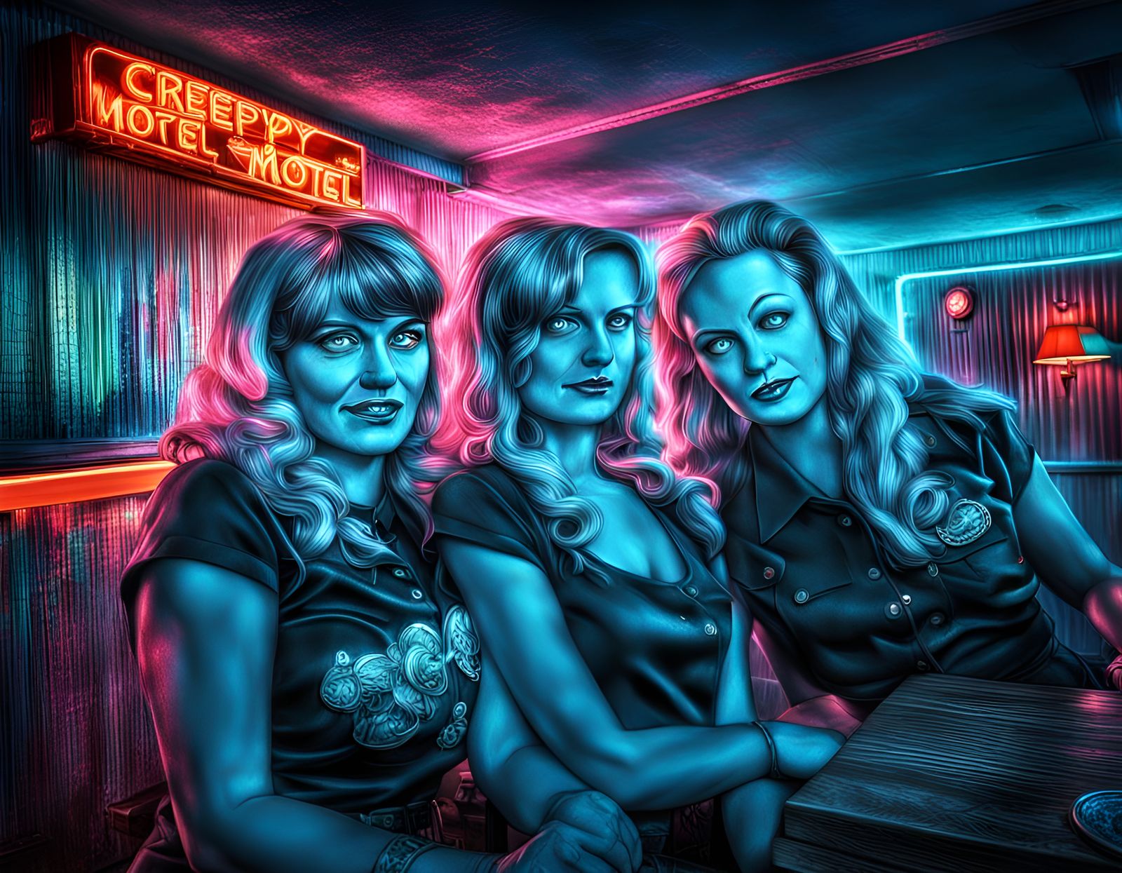 Hyperrealistic Motel Bar Scene in Synthwave Neon Style