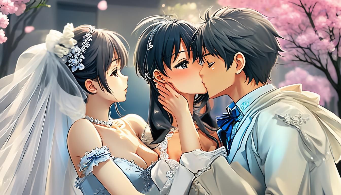Humorous Cartoon Kiss Interrupted by Bride