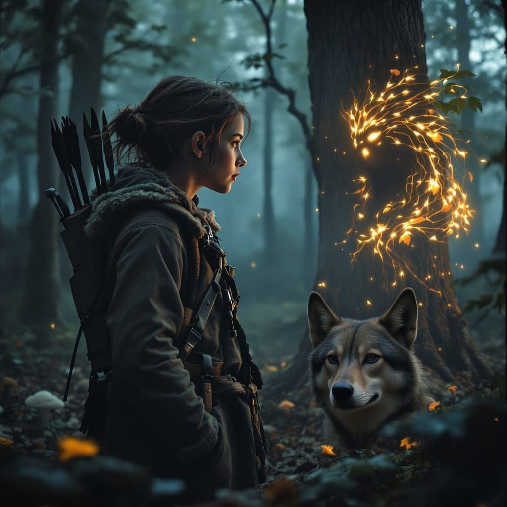 Forest Survivalist Girl Meets Glowing Dryad in Misty Woodlan...