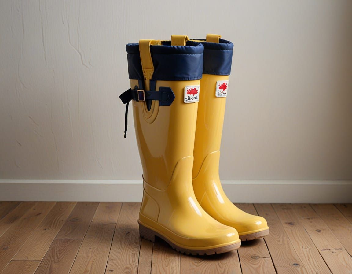 Vibrant Yellow Rain Boots Against a Wooden Wall