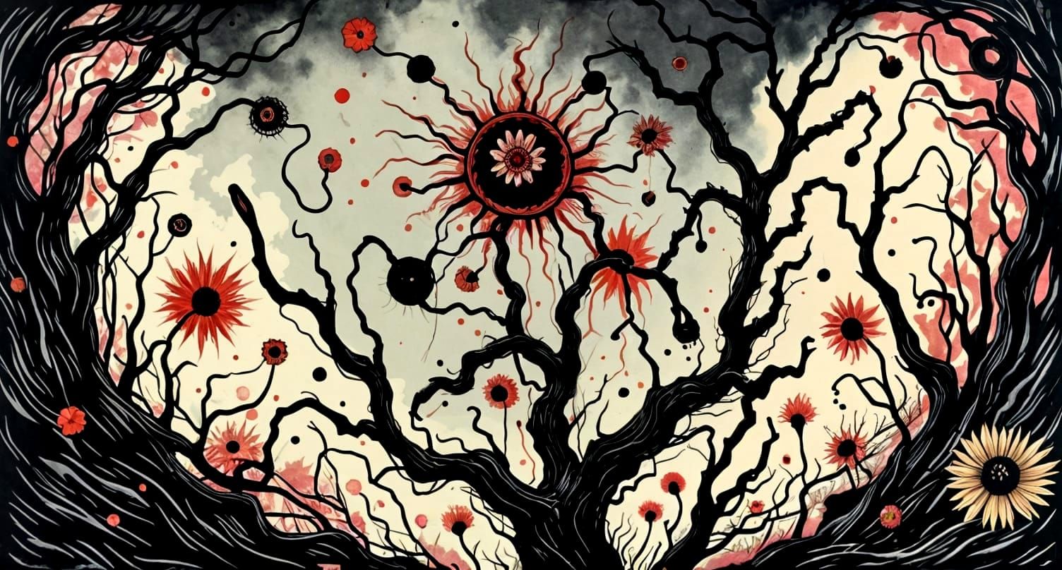 Epic Goth Scene with Moody Flowers Illustration