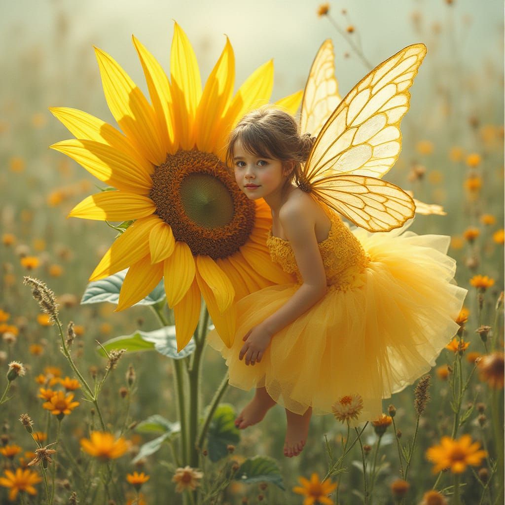 Lace-Winged Fairy on Sunflower in Vibrant Meadow
