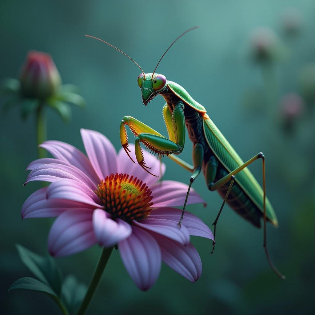 Praying Mantis on Flower in Dark Fantasy Style