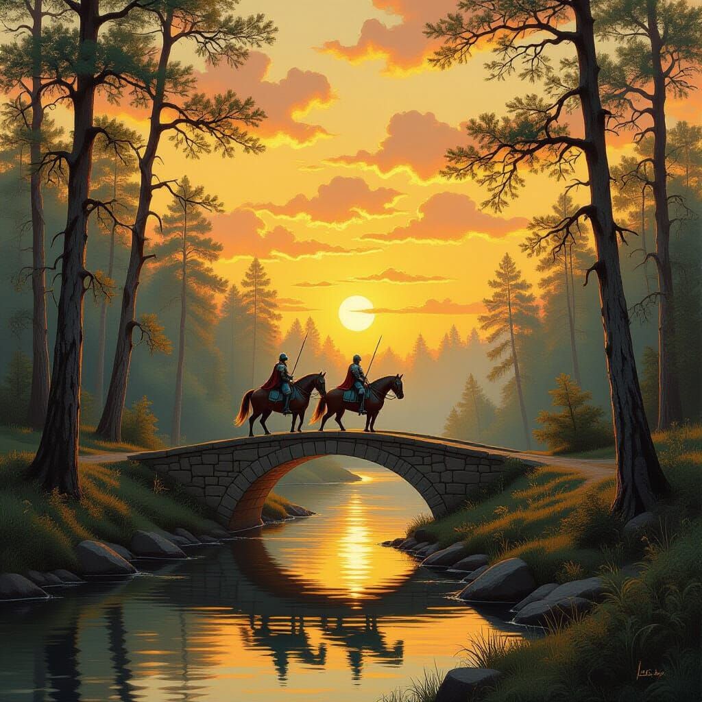 Medieval Knights Cross Forest River at Sunrise