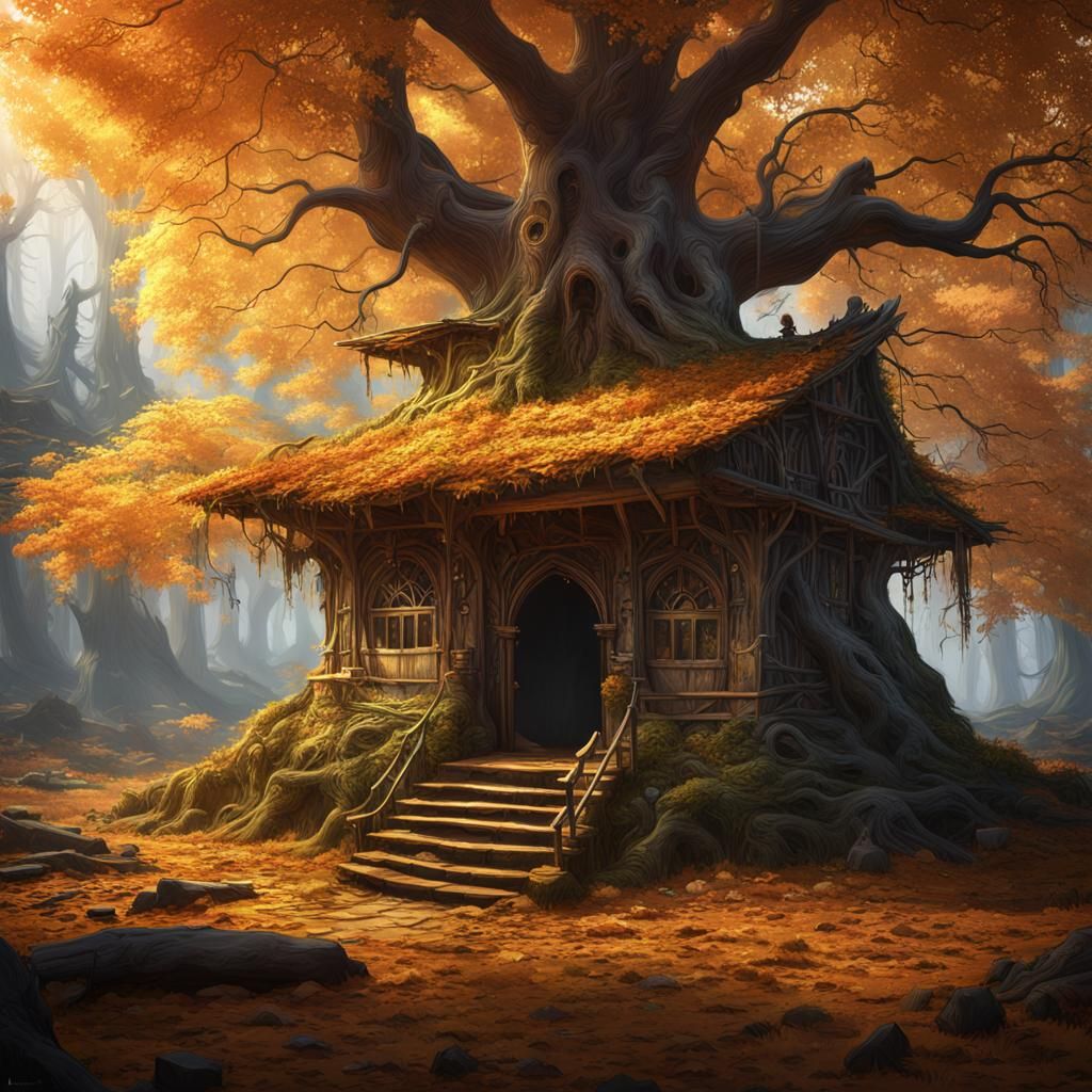 Golden Hut Under Maple Tree in Dead Forest