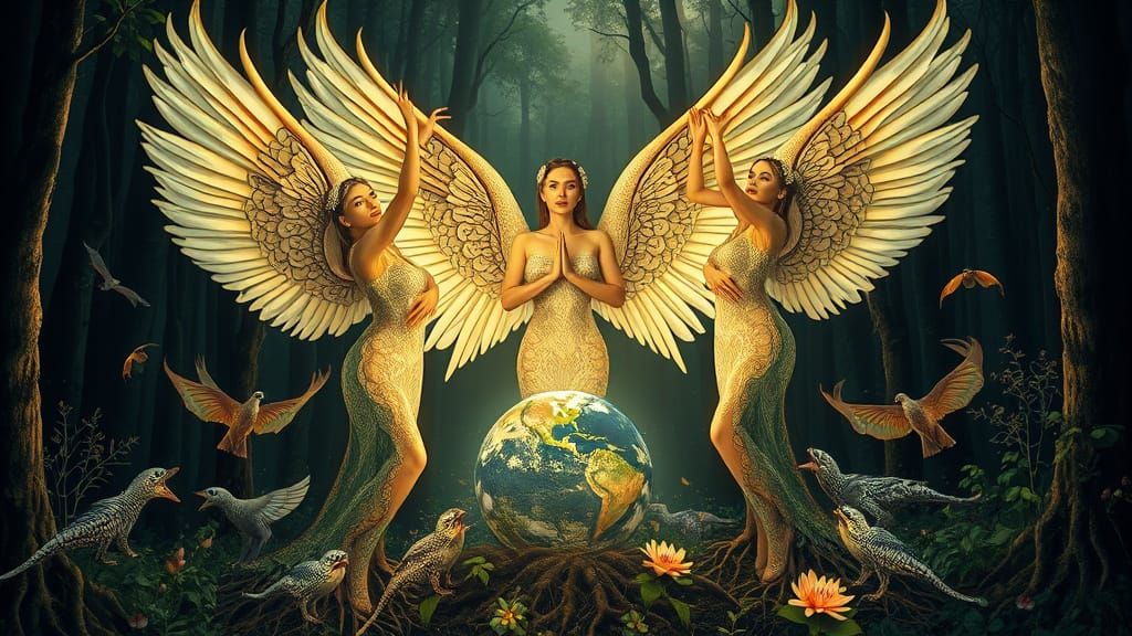 Swan-Winged Women Rise from Forest in Klimt Style