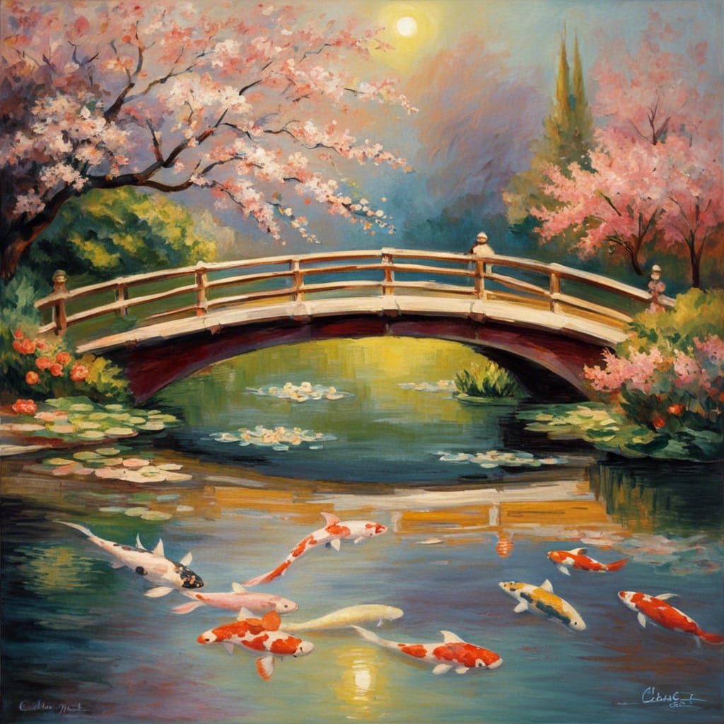 Impressionist Garden Bridge with Koi Pond