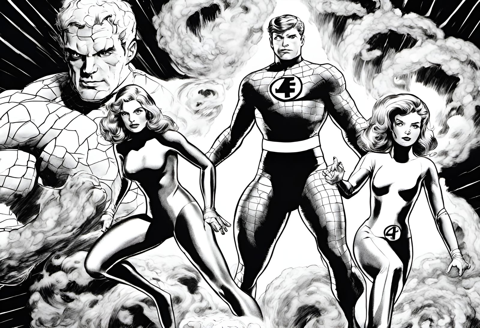 The Fantastic Four (1961) Marvel Comics: recreate The Fantastic Four Black Ink Drawing, on white background, ultra-reali...