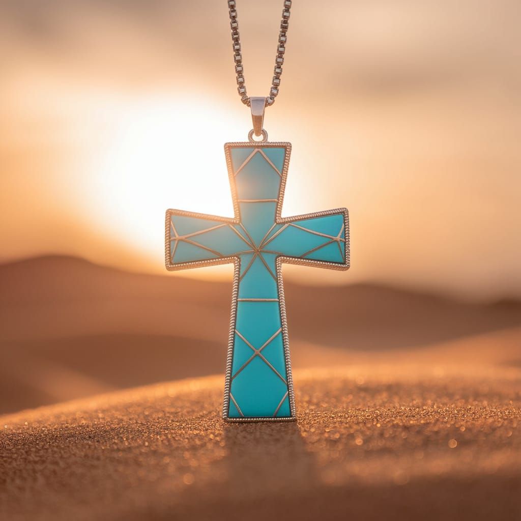 Turquoise Blue Cross Necklace in Sunset Glow