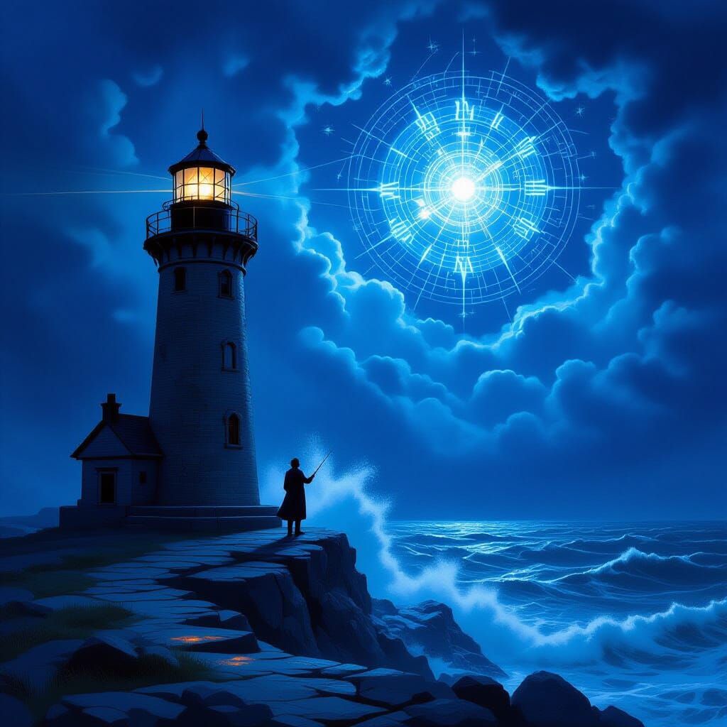 Lighthouse Keeper Tending Clockwork Constellations in Stormy...