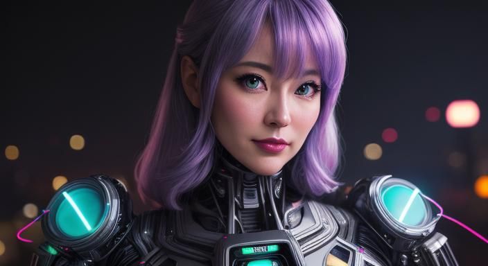 Retro-Futuristic Cyborg Girl in Neon Landscape