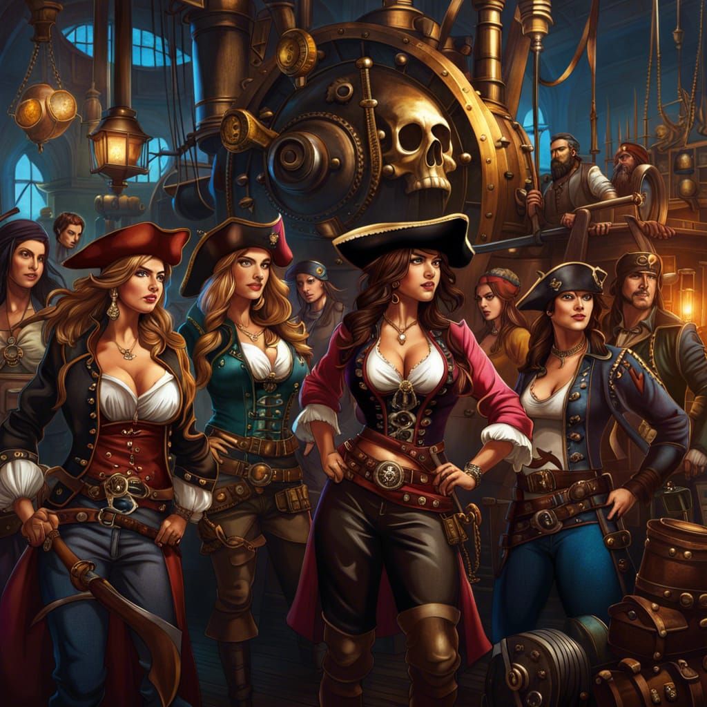Steampunk Lady Pirates in their Pirate Lair