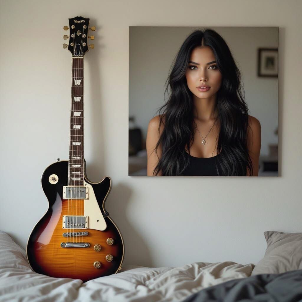 Rocker Woman and Guitar in Comfortable Bedroom