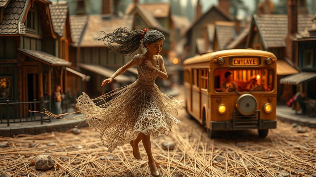 String Woman Chases Bus in Stop Motion Town
