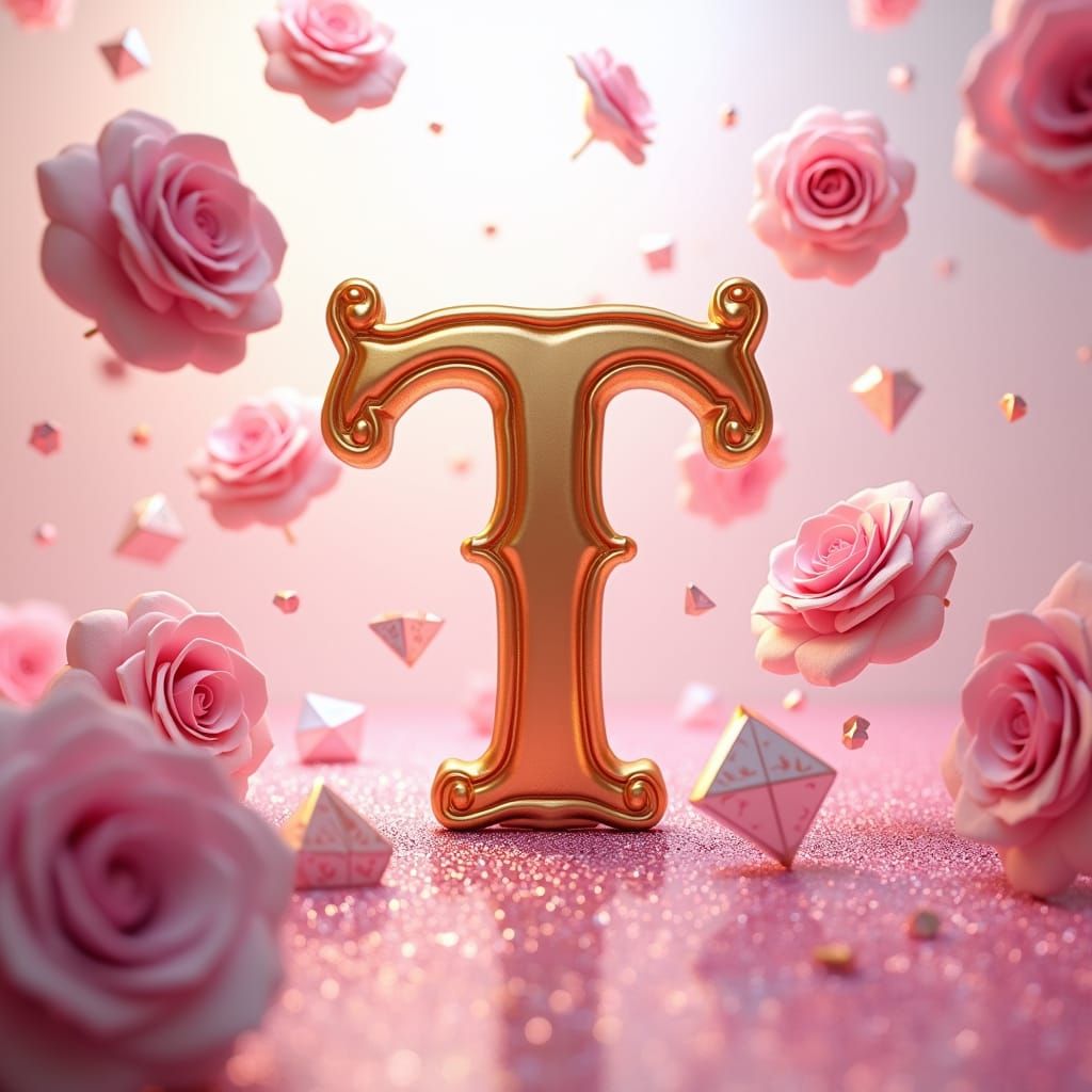 Letter T Surrounded by Pink Roses and Diamonds