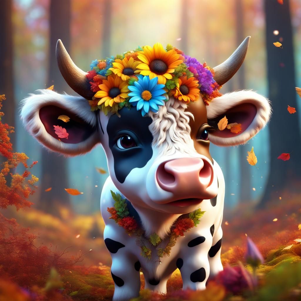 Baby Cow in Autumn Forest Concept Art