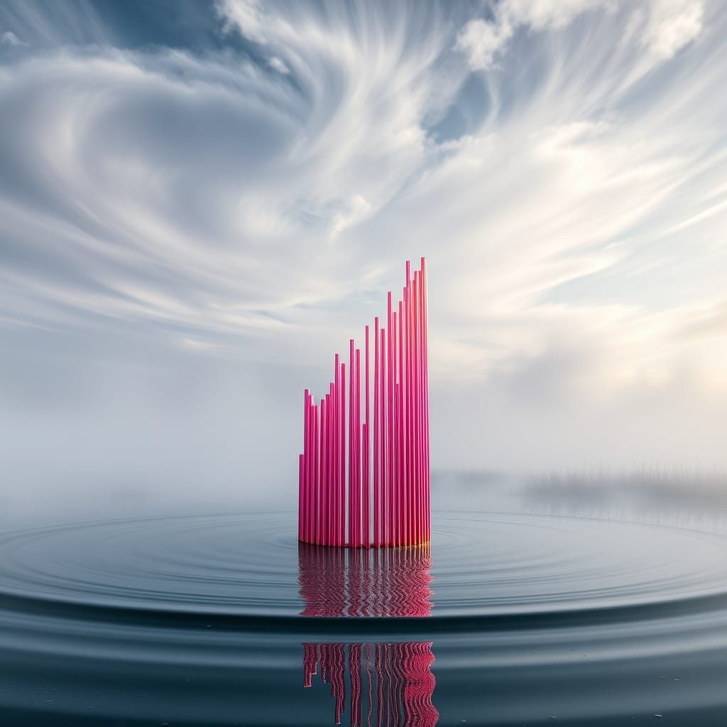 Pink and Gold Geometric Sculpture in Pond