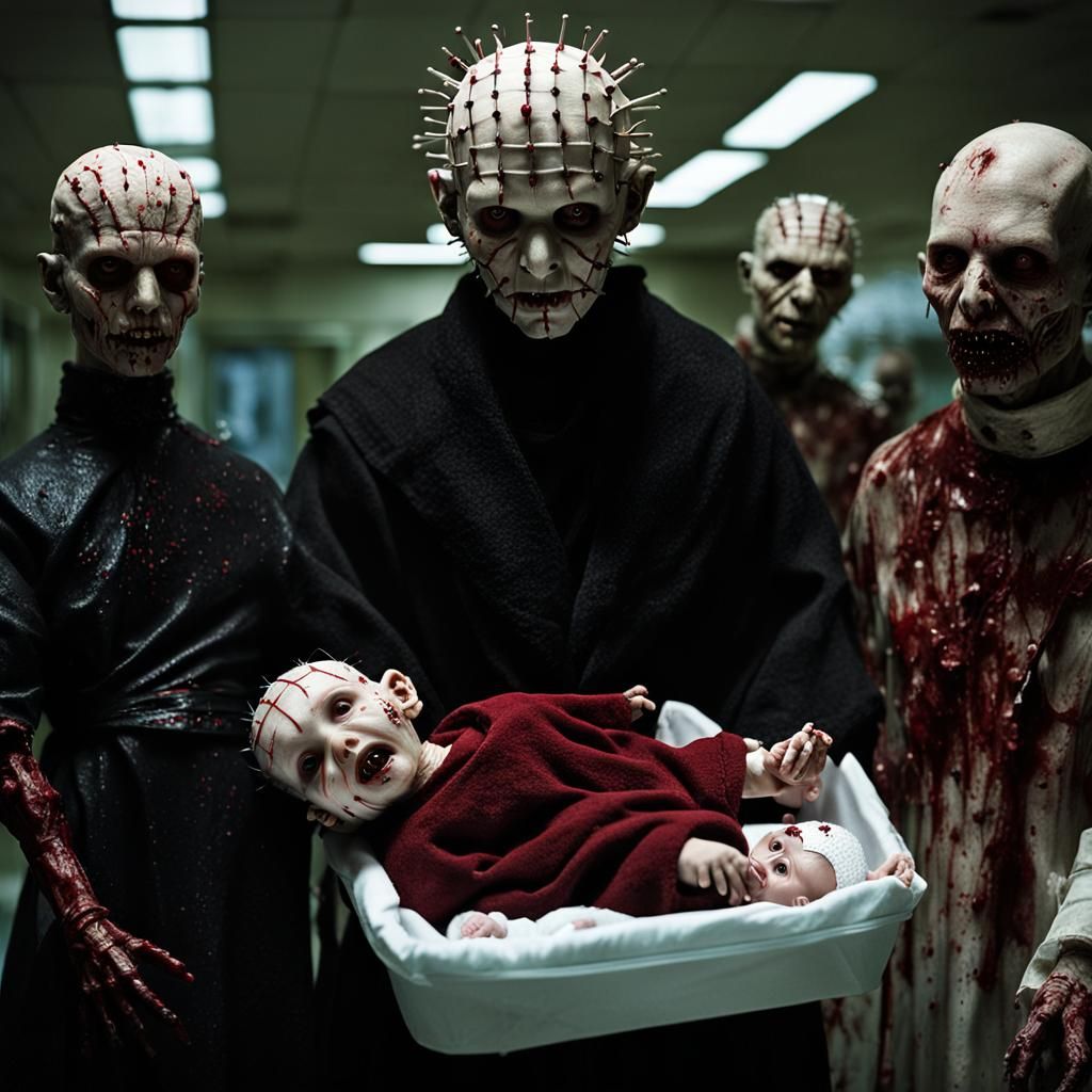 Macabre Newborn Pinhead in Dreary Nursery, Digital Art