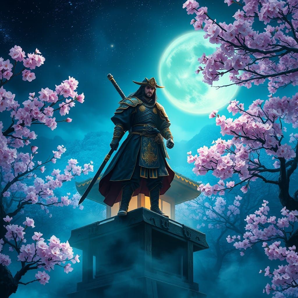 Hattori Hanzo Amidst Neon Cherry Blossoms