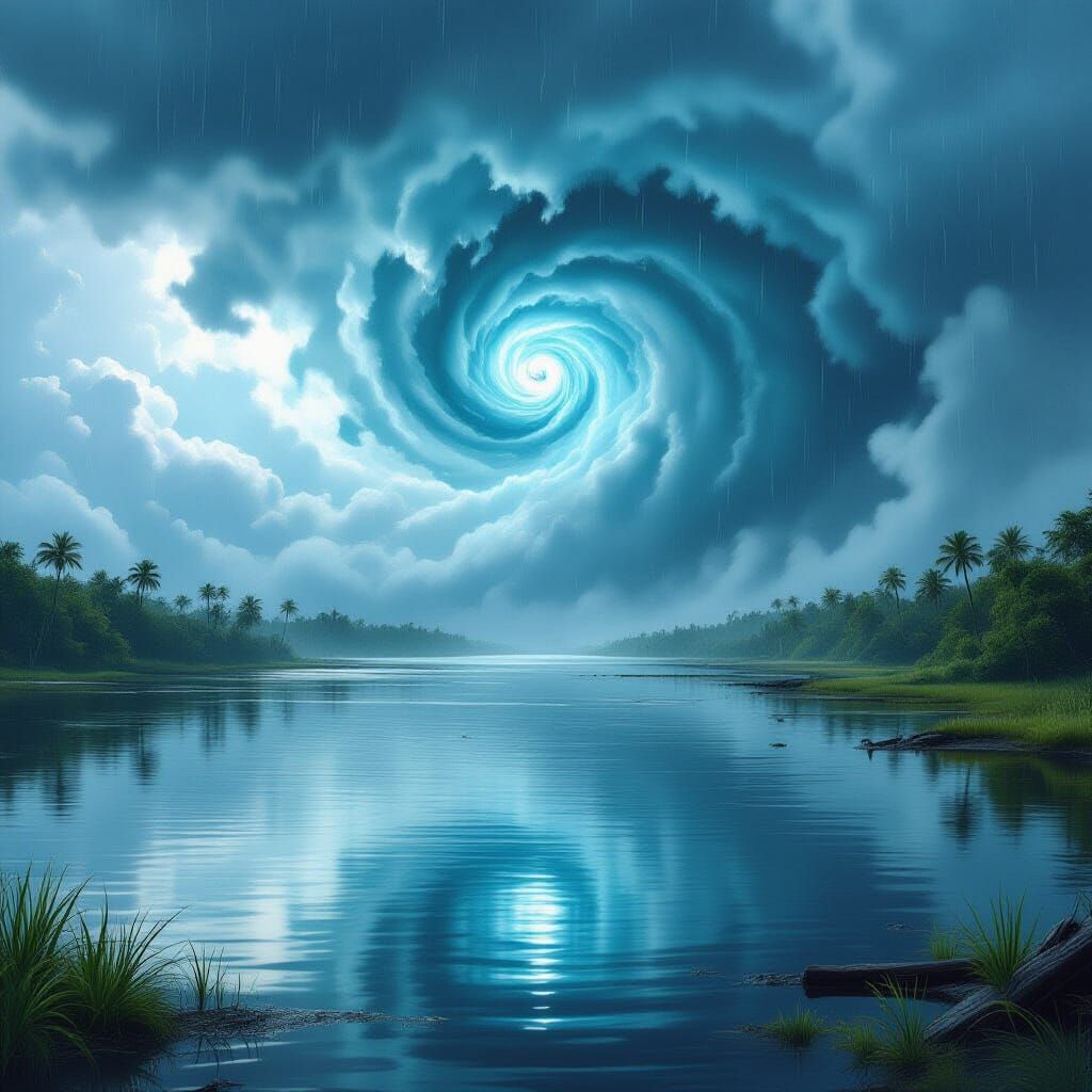 Serene Lake Reflects Hurricane Chaos in Hyperrealistic Style