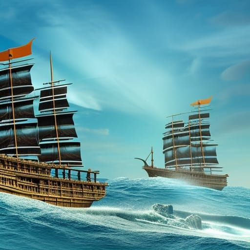 Ship on the Ocean with Sea Serpents