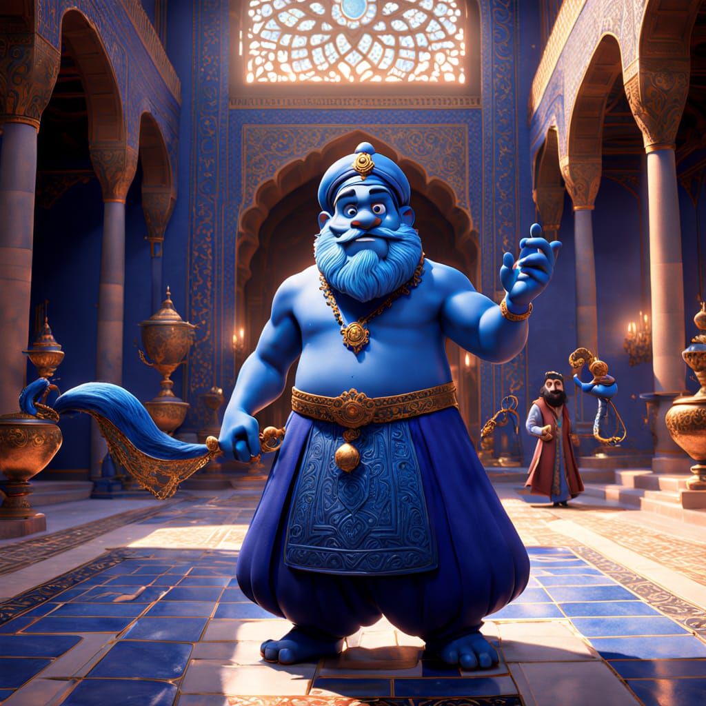 Blue Genie in Persian Palace: A Pixar-Inspired Masterpiece