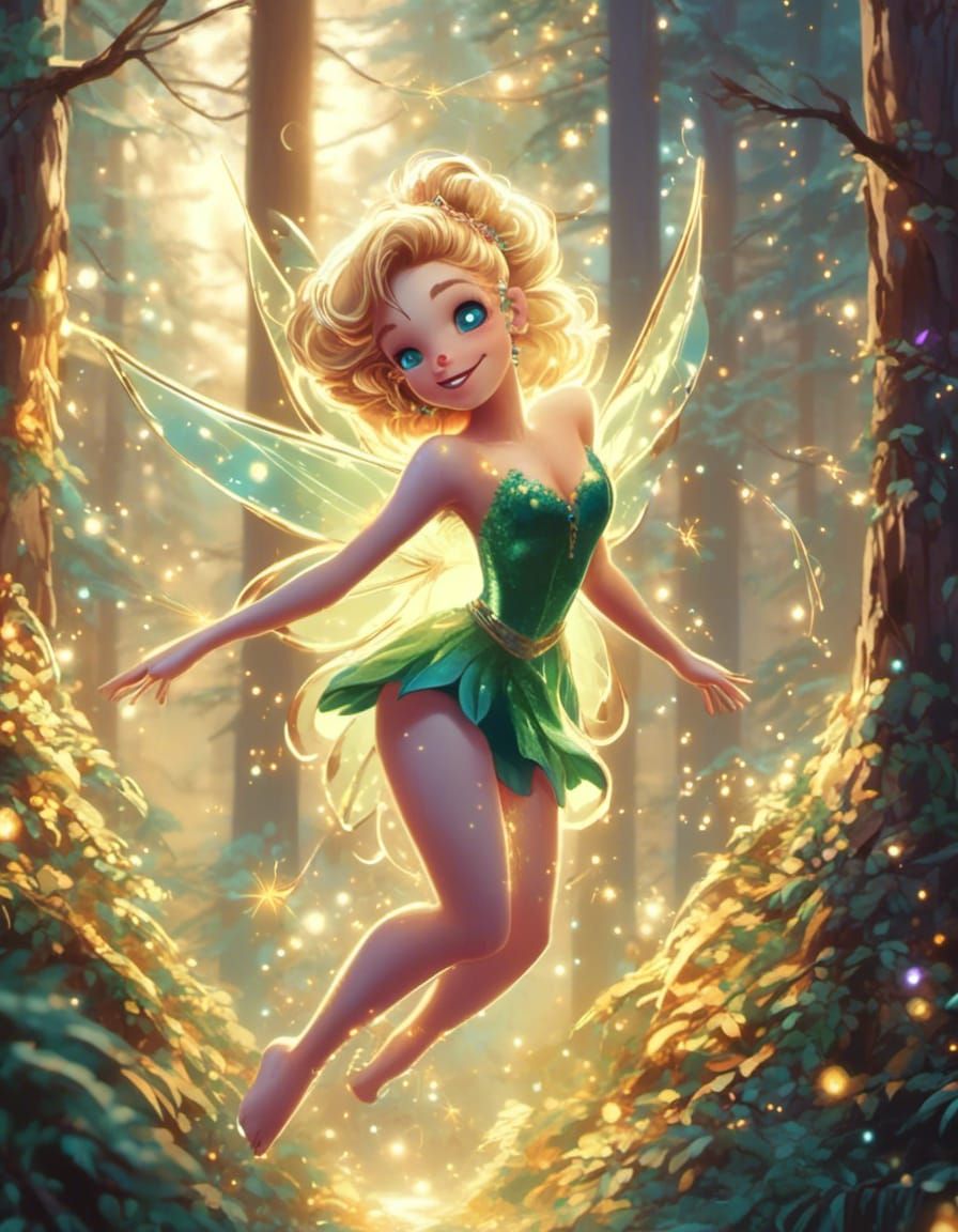 Tinkerbell styled sprite flying through a light pine forest, golden hour. <lora:Trio:1.0>
