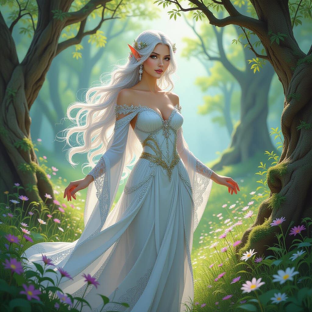 Elven Woman in Mystical Forest, Art Nouveau Style