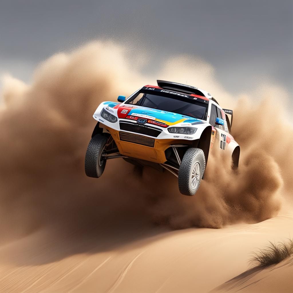Dakar Rally Car Jumps Dune in Hyperrealistic Splash Art