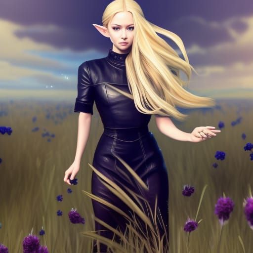 Beautiful Zelda with long blonde hair, wearing a black leather dress