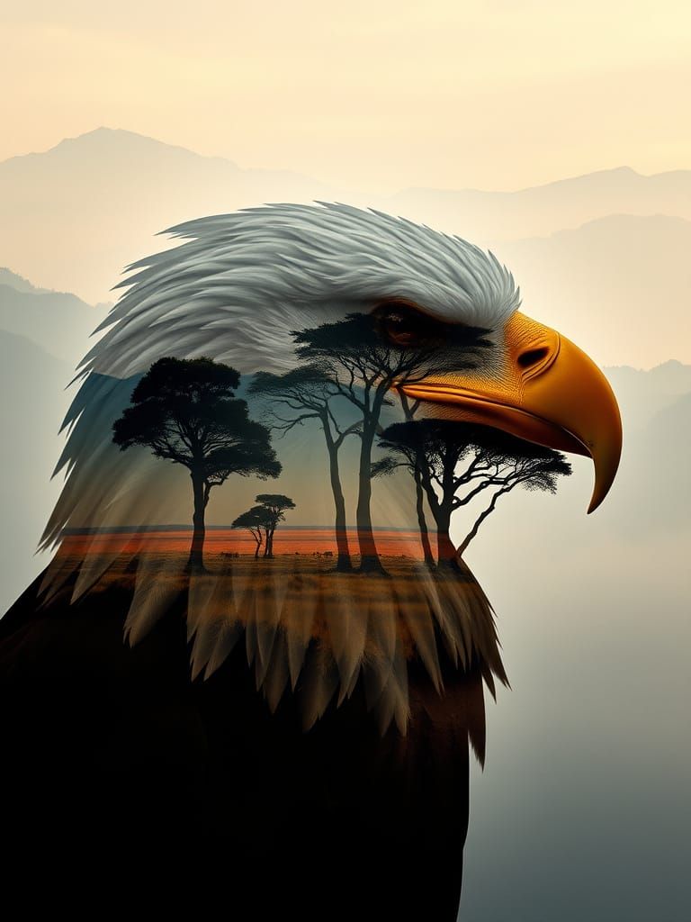 Eagle Silhouette with African Plains Double Exposure