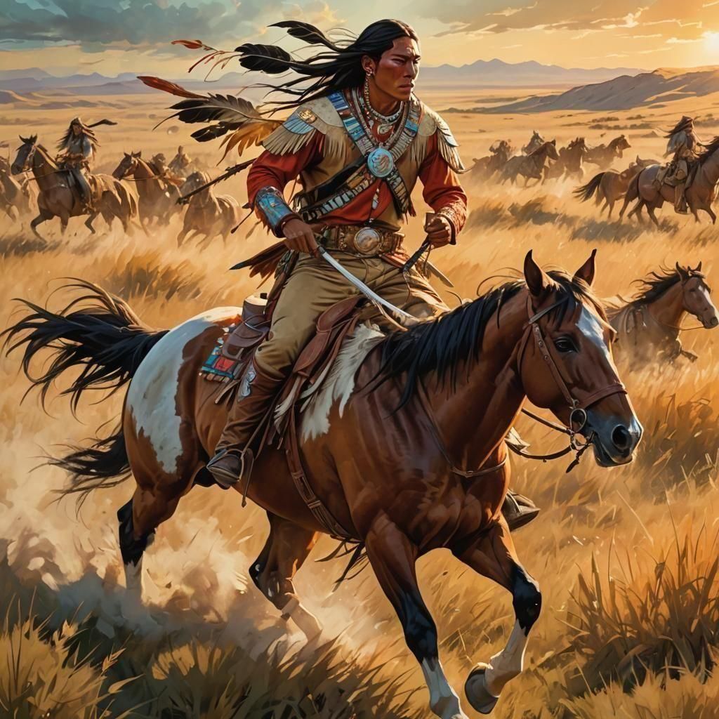 Sioux Warrior Galloping Across Plains in Western Art Style