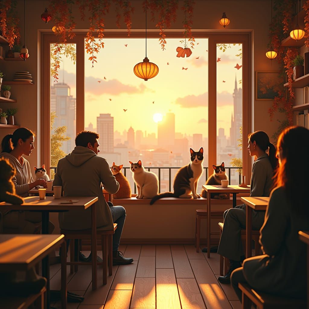 Magical Cat Cafe at Sunset: Dreamy Concept Art