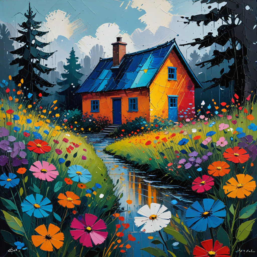 Close up Abstract rustic cottage in the rain, neo-impression...