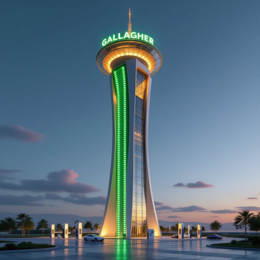 Futuristic Geo Satellite Tower with Green and Gold LEDs