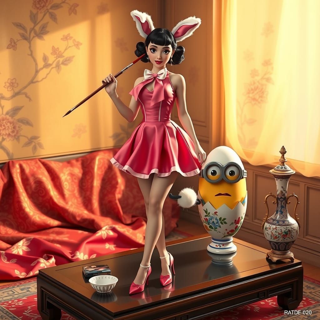 Sultry Pin-Up Girl Surrounded by Bunny and Minion in Dreamli...