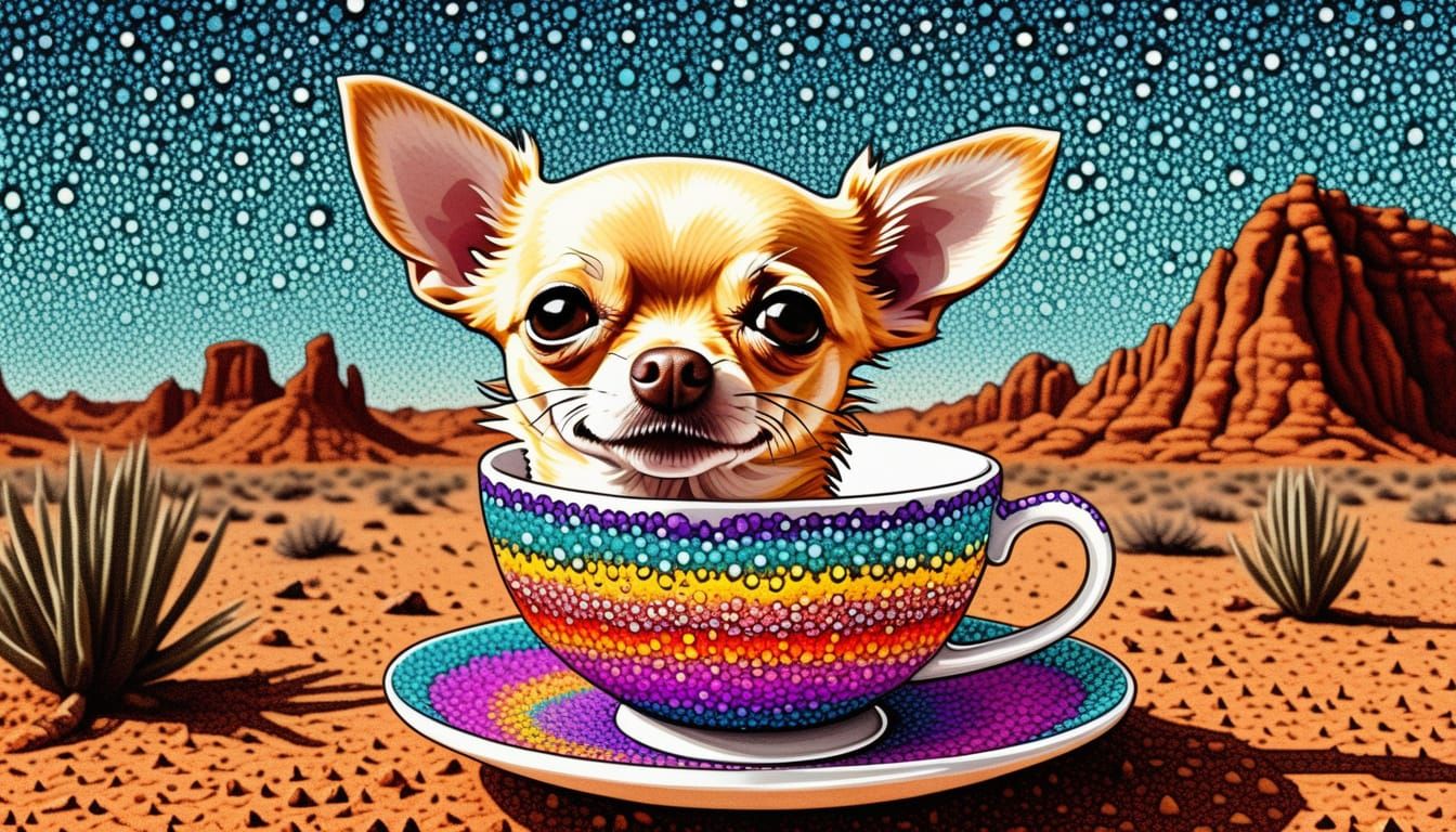 Teacup Chihuahua in Desert: Pointillist Ink Drawing