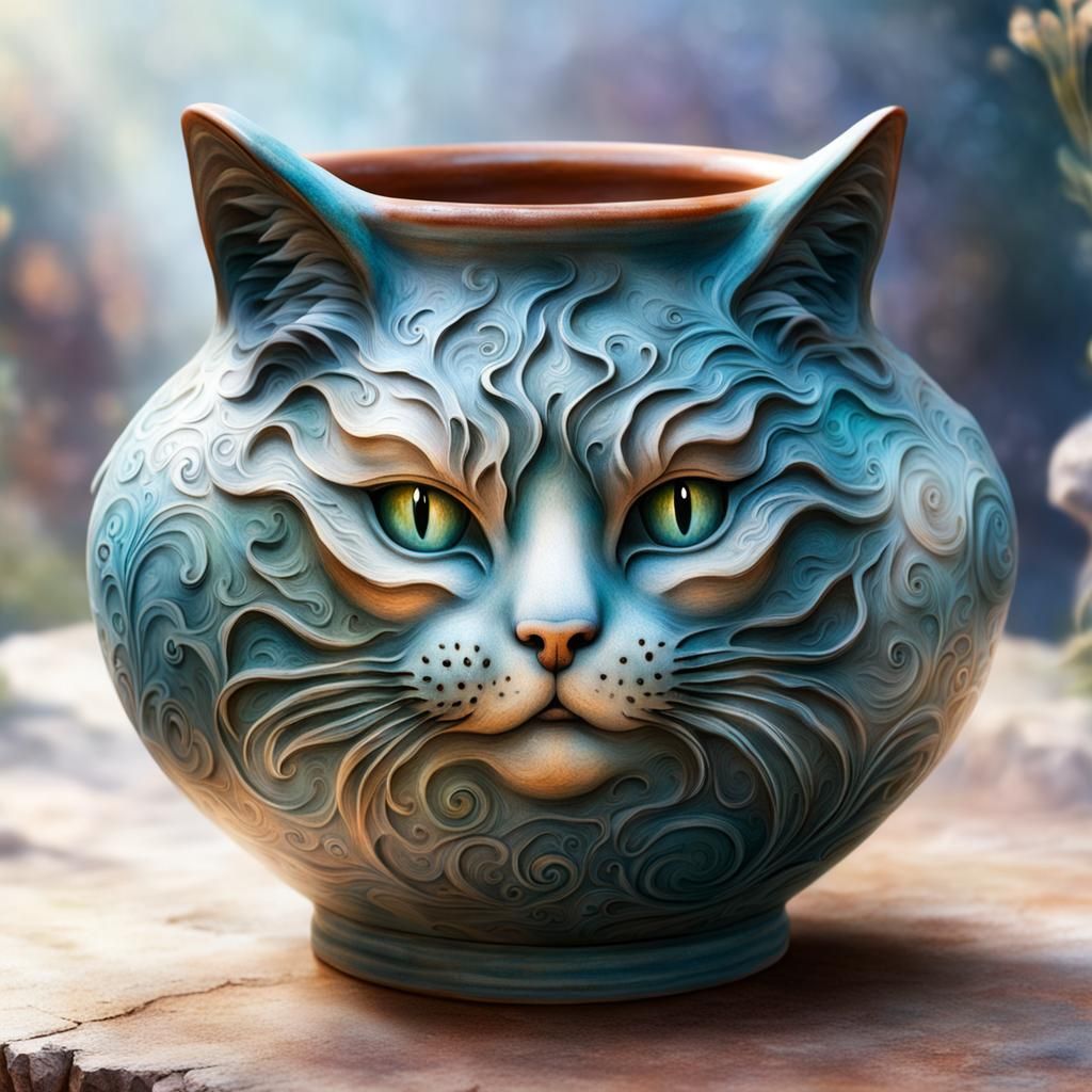 Whimsical Cat Face Pottery in Ethereal Style