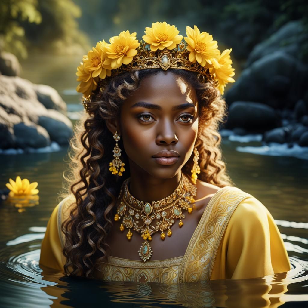 Beautiful Woman in River with Yellow Garments