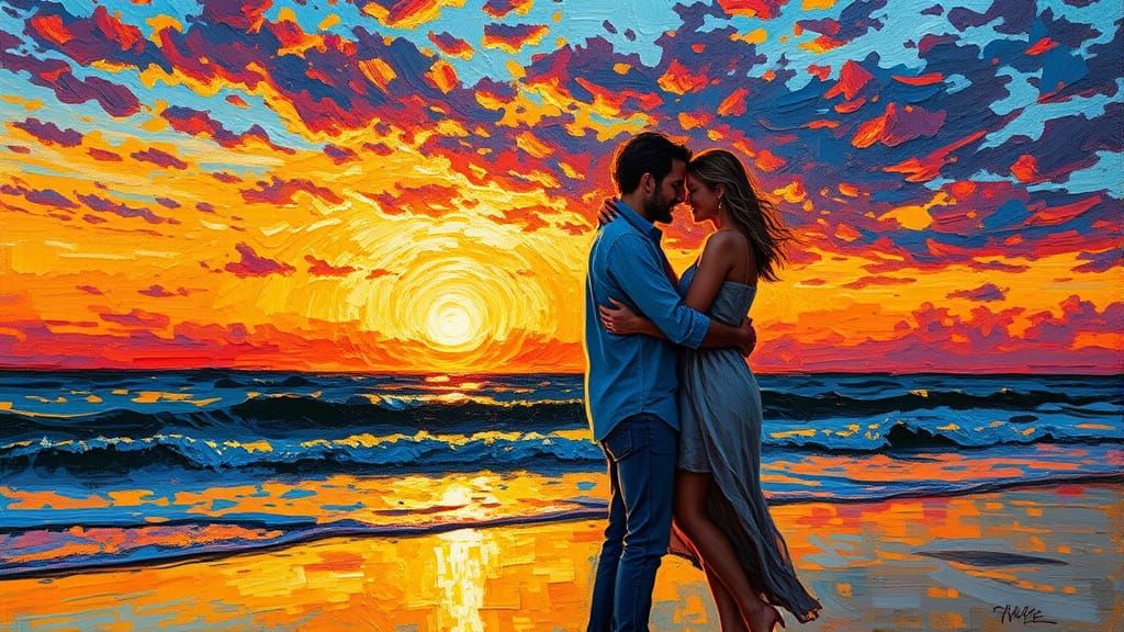 Romantic Beach Embrace at Sunset: Neo-Impressionist Oil Pain...