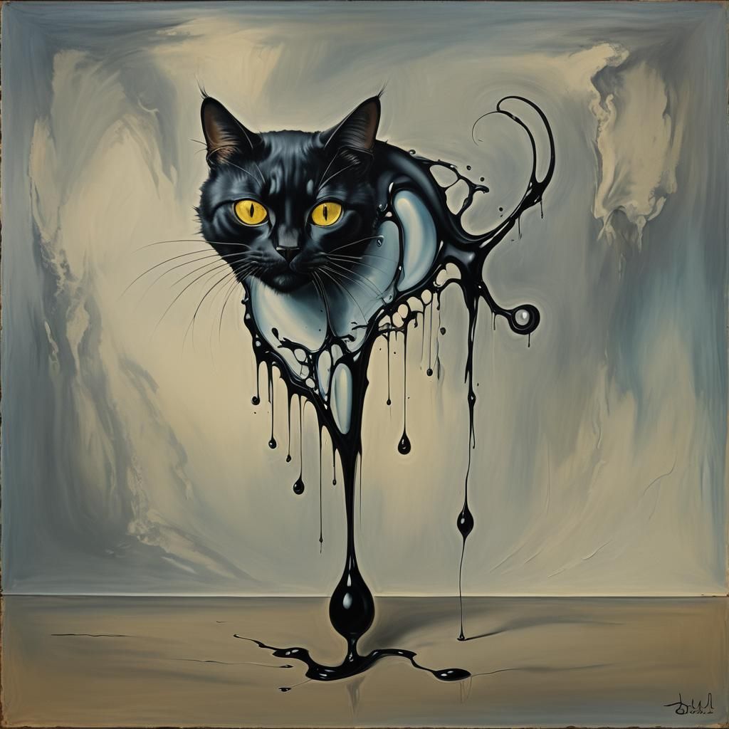Surreal Black Cat in Dali-esque Melting Oil
