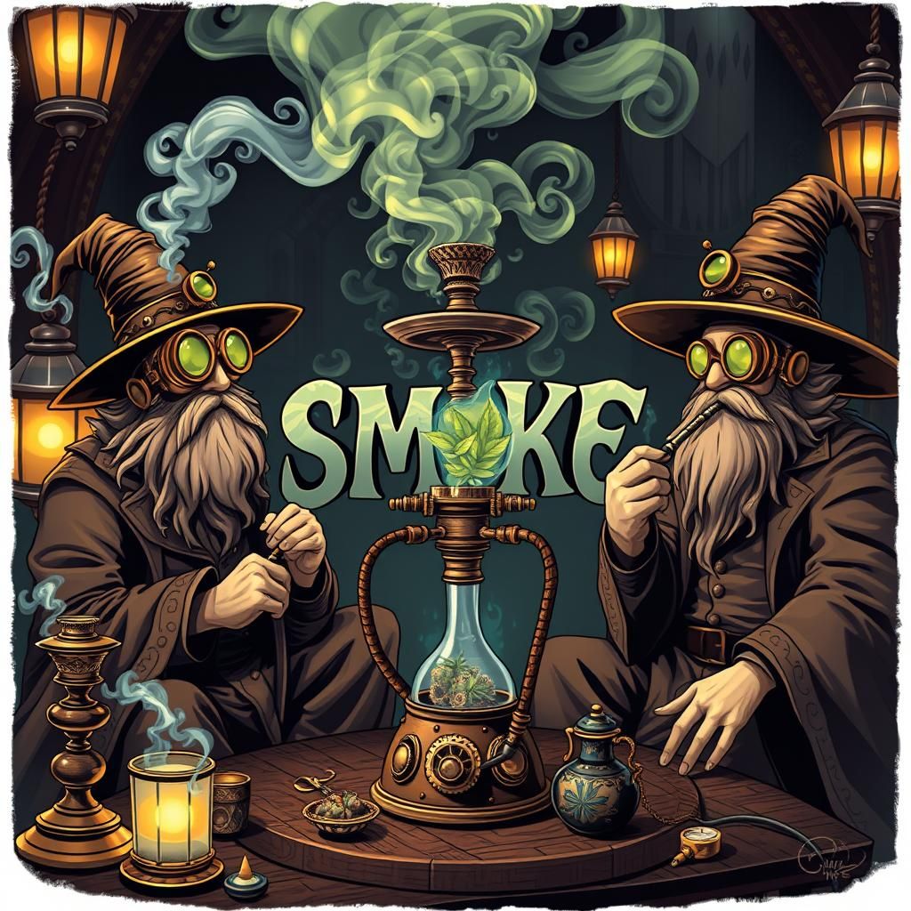 Steampunk Wizards Smoking Hookah with Magical Smoke