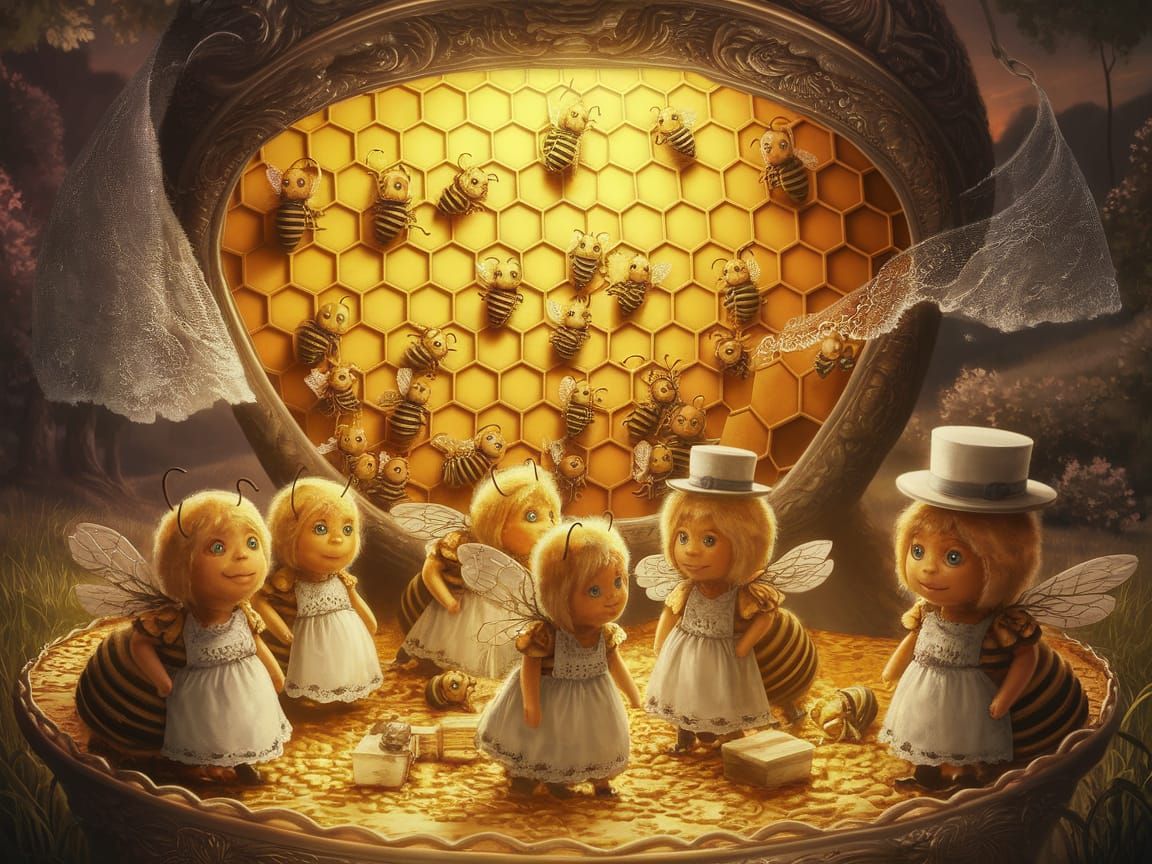 Whimsical Bees in Enchanted Golden Hive