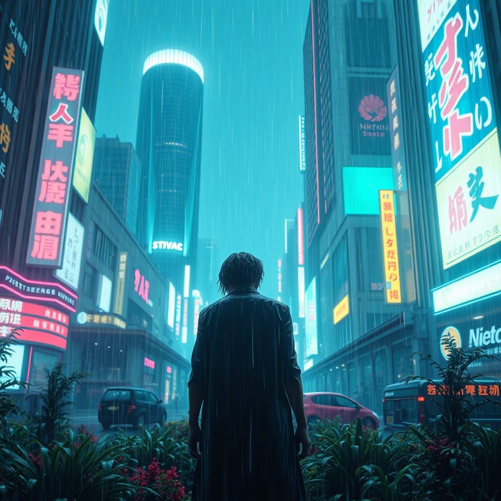 Neon Dystopian Garden in Cyberpunk Style