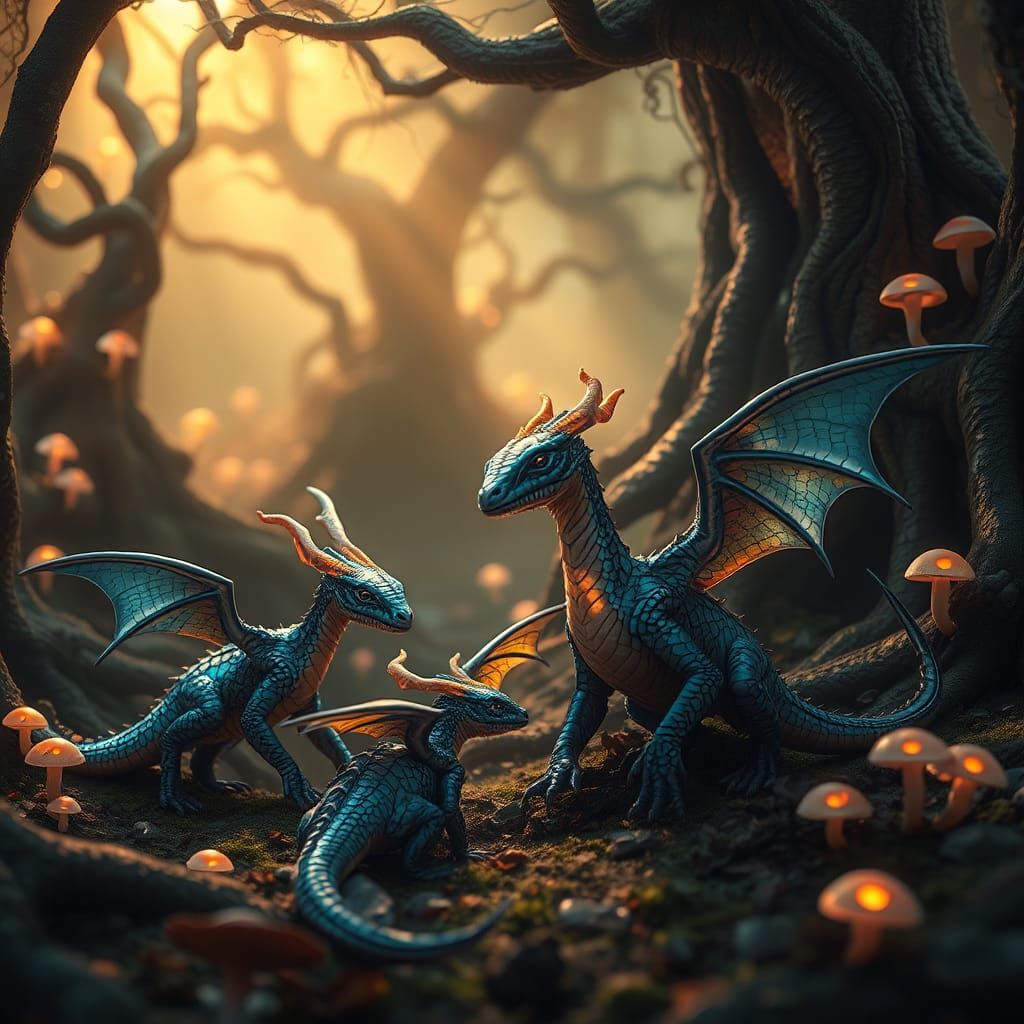 Dragon Hatchlings in Mystical Forest, Dreamlike Ambiance